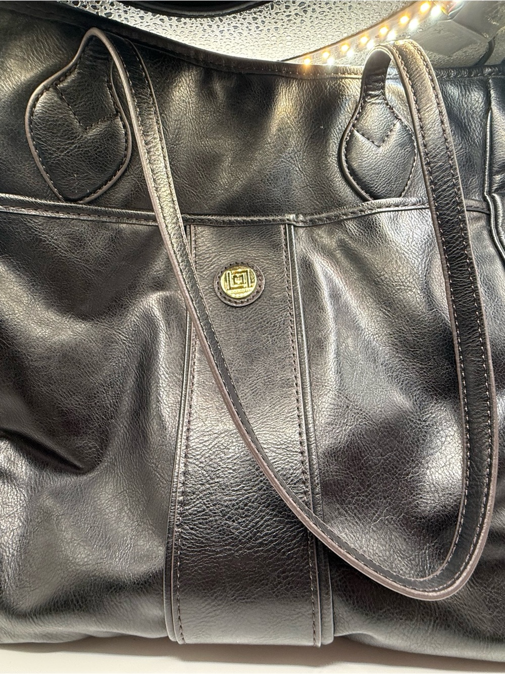 Liz Claiborne Black Leather Tote with Gold Logo